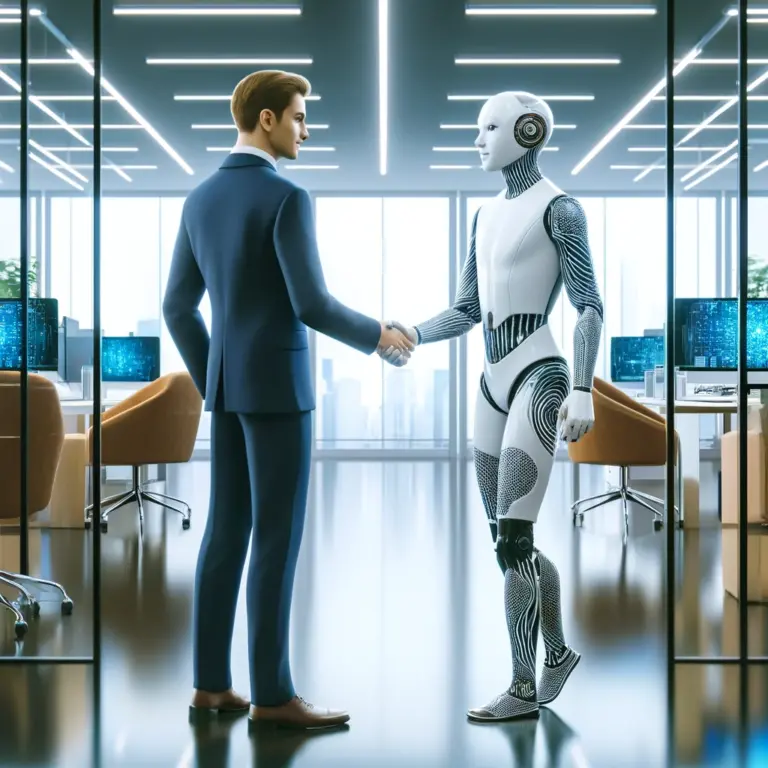 DALL·E-2024-05-15-13.58.30-A-modern-office-setting-with-bright-lighting-and-a-contemporary-design.-A-person-dressed-in-business-attire-suit-and-tie-is-shaking-hands-with-a-hum